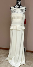 JS COLLECTIONS Ivory Shutter Pleated Peplum Gown with Godet Train Sz 14
