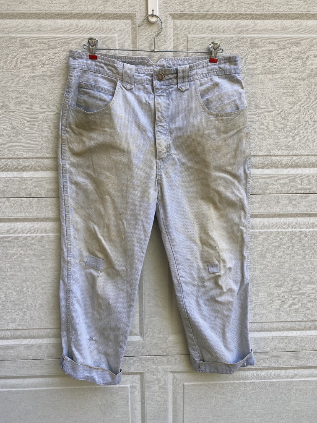 Distressed, Patched, Cuffed Vintage Jordache Pinstripe 100% Cotton Mens Pant 36