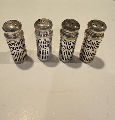 Silver Plated Blue Glass Salt Pepper Shakers Set of 4 1980s Vintage Godinger NOS