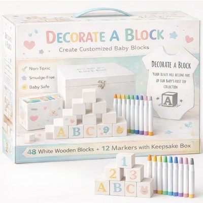 Baby Shower Blocks Decorating Game   48 White Wooden Cubes to Decorate, Stora...