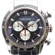 VERSACE V-RAY Watch Quartz Logo Black Dial Chronograph with Calendar Silver GY11
