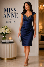 Miss Anne Womens Size 10 Navy Blue Beaded Pencil Dress Cocktail Evening Occasion