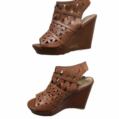 Madden Girl Brown Cut Out Front Wedge Size 9 Slide In 5" Heel - Picture 2 of 8