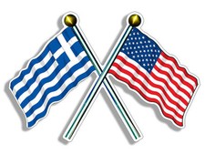 5" crossed poles usa & greece waving flags bumper sticker decal made in usa