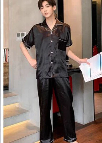 Men Pajamas Set Satin Top Pants Sleepwear Loungewear Indoor Home Casual Daily - Picture 8 of 11