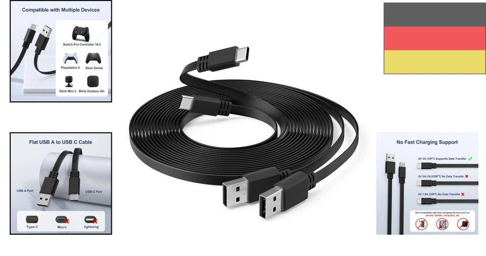 Langes USB A zu USB C Ladekabel 5M 2er Pack Flach Verstellbar Kompatibel mit ... - Bild 2 von 4