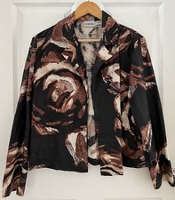 Chicos Womens Sz 1 or 8 Jacket Blazer 100 Silk Long Sleeve Open Front Brown Blk