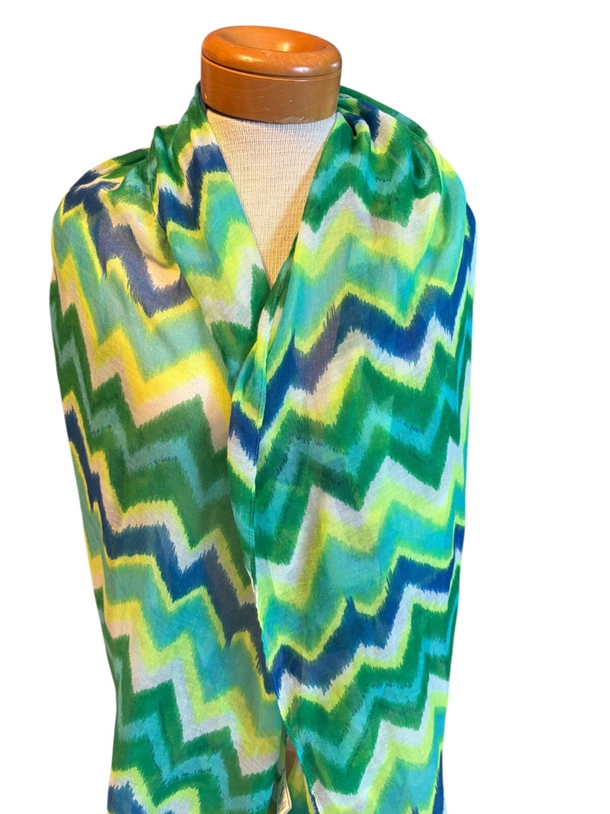 Chevron Patterned Green & Blue Polyester Scarf 75… - image 1
