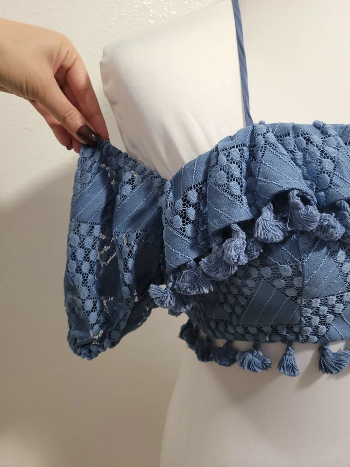 Top recortado para mujer TULAROSA sin hombros manga corta borlas con cordones. Talla XS Foto 3 de 4