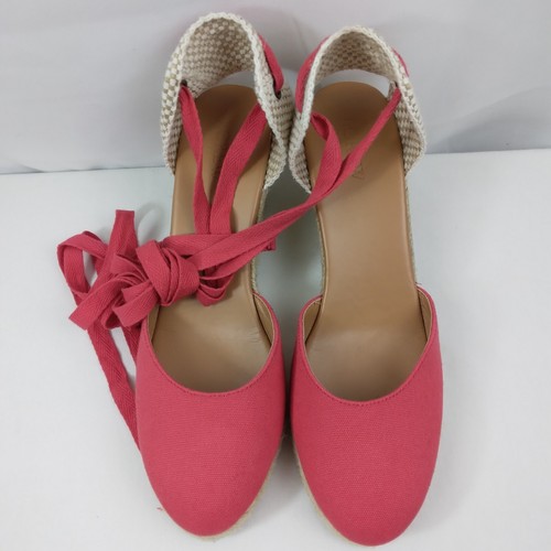 J.CREW Espadrilles Lace Up Wedges Fabric Red Canvas Textile Womens 9.5 - Picture 4 of 10