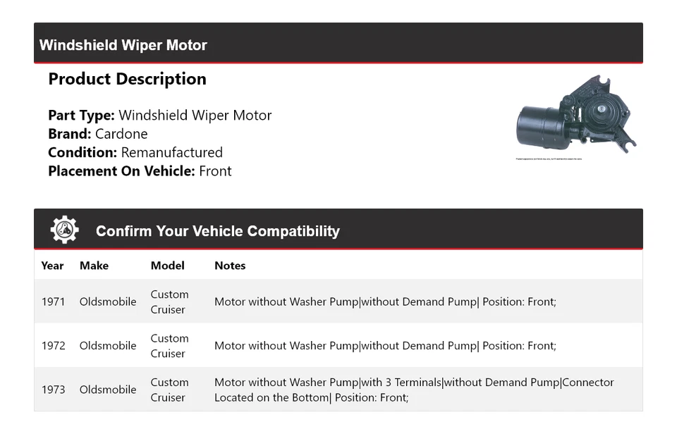 Мотор стеклоочистителя лобового стекла передний кардон для Oldsmobile Custom Cruiser 1971-1973 годов выпуска - Изображение 2 из 4