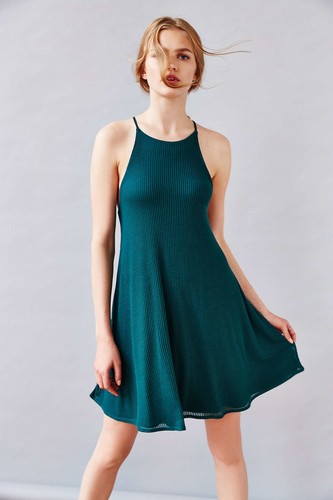 Ribbed Swing Dress S Halter High Neck 