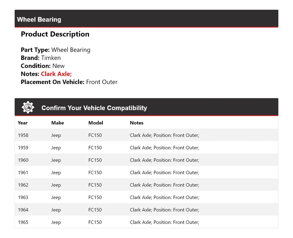 For 1958-1965 Jeep FC150 Wheel Bearing Front Outer Timken 1959 1960 1961 1962 - Image 2 of 4