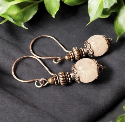 Rose Quartz Earrings Copper Earrings Dangle Drop Earrings Gemstone 7th Anniversa - Picture 4 of 7