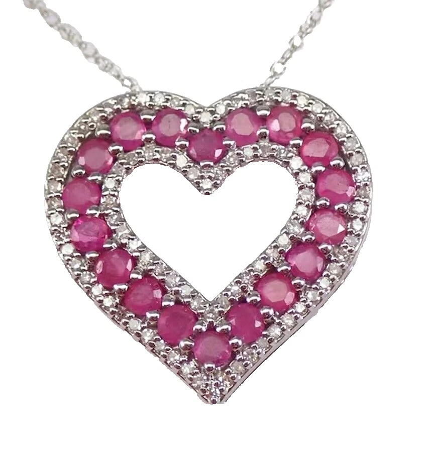 Valentine 1.84ct Natural diamond 14k white gold wedding Ruby heart pendant