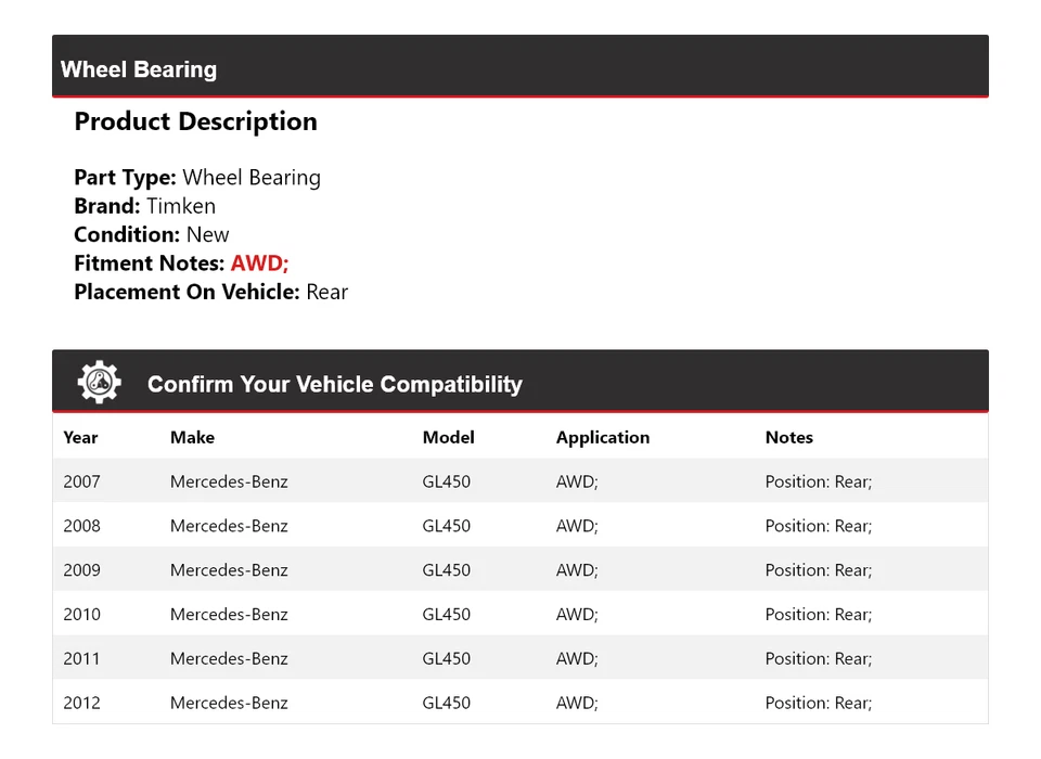 Cojinete de rueda trasero Timken 2008 2009 2010 para Mercedes-Benz GL450 2007-2012 AWD Foto 2 de 4