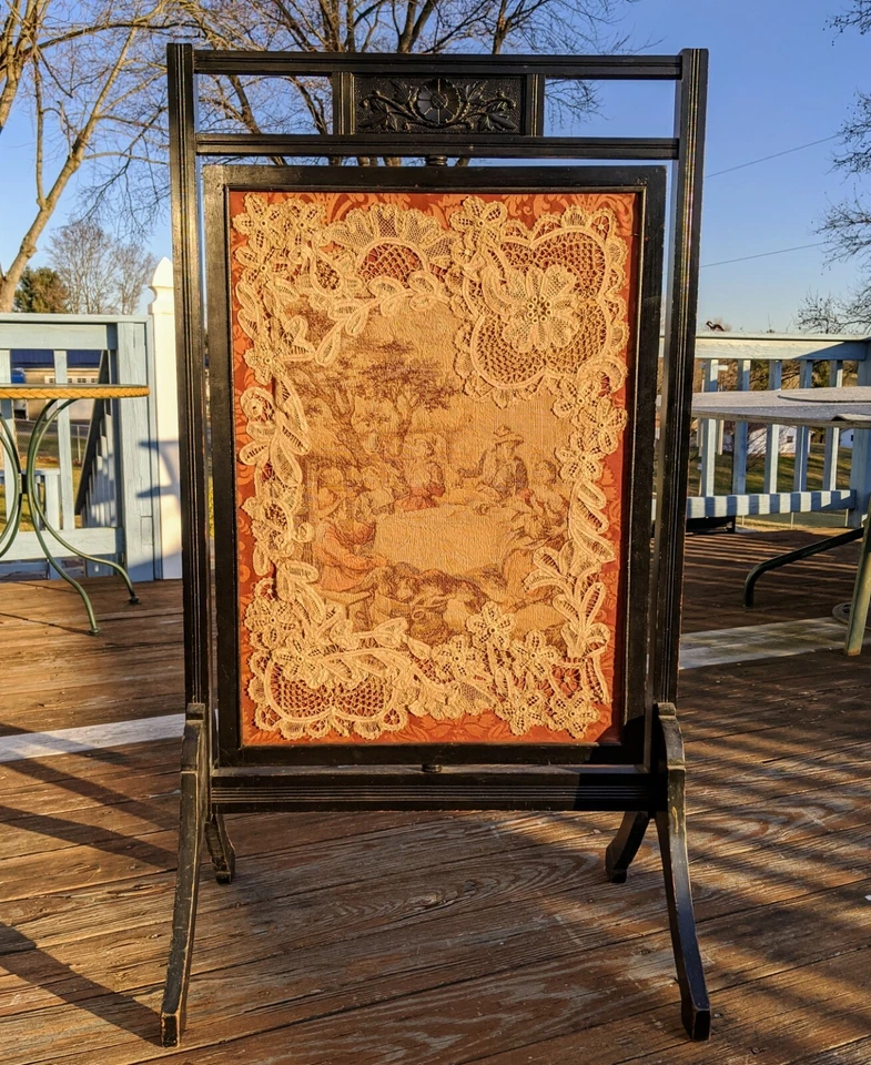Victorian Fire Screen Fancy Needle Work 2 Sided Floral Art 45"x25" Local Pickup - Image 4 of 4