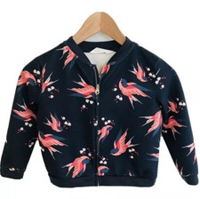 H M Girls Bomber Jacket Floral Birds Navy Blue Size 4-6Y Trendy Lightweight