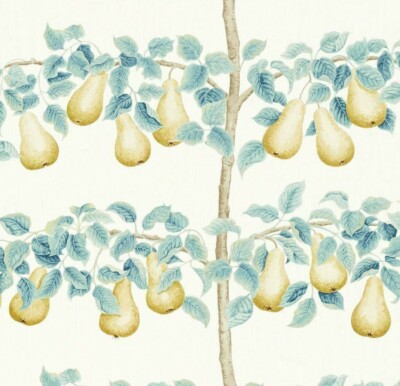 SANDERSON VORHANGSTOFF ''Perry Birnen'' 1,5 METER AQUA/GOLD BAUMWOLLMISCHUNG