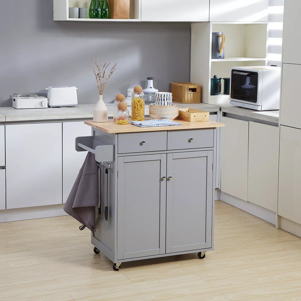 Rolling Kitchen Cart with Rubber Wood Top Towel Rack Hooks and