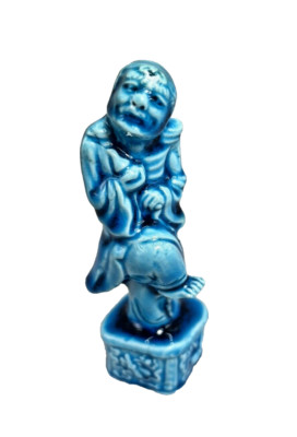 VTG  Turquoise Blue Glazed Export Porcelain Chinese Man Figurine Warrior 4''
