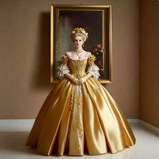 Gold Rococo stain Ball Gown Lace Puff Sleeve appliques Marie Antoinette Dresses