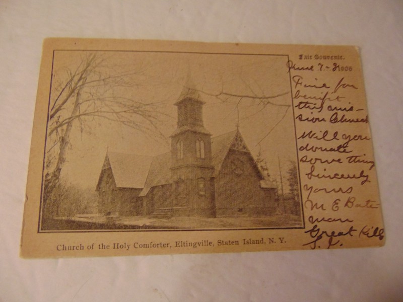 ELTINGVILLE, STATEN ISLAND, NY-B&W POST CARD 1906 FAIR SOUVENIR CHURCH HOLY COM.