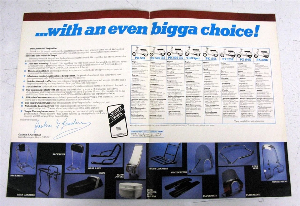 VESPA Scooters Sales Brochure Oct 1983 PK50S PK80S-SE V100 Sport PK125S PX150E - Image 2 of 4