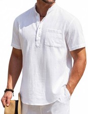 COOFANDY Men's Cotton Linen Henley Shirt Short Sleeve X-Large, 01-white