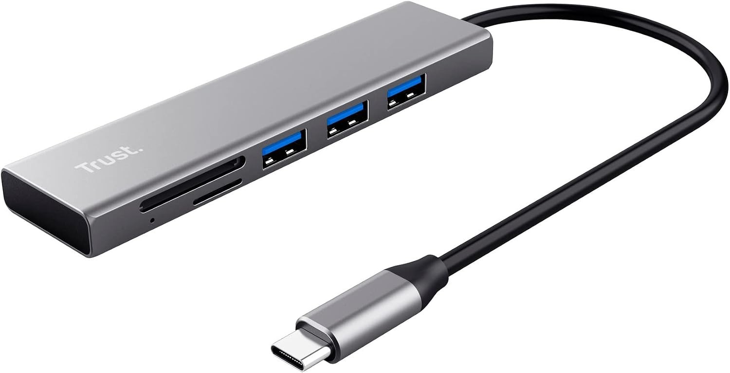 Trust 24191 Halyx Fast USB-C Hub and Card reader, 3 Extra Ports, 5Gbps with USB