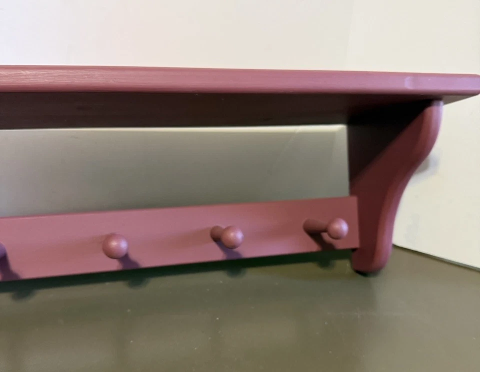 Vintage Wooden Rose Painted Shelf Wall Hanging Wood Coat Rack 5 Hangers 26” - Image 4 of 4