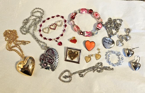 Vintage to Now Heart Love Costume Jewelry Lot Bracelets Necklaces Pins Earrings
