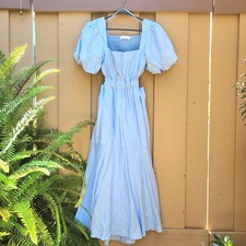 ASTR THE LABEL Angeles Dress Sz Sm Puff Sleeve Cutout Sides Linen Milkmaid Blue