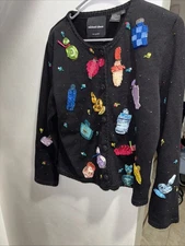 Michael Simon Black Sweater Cardigan Ribbon Perfume Bottles Beaded