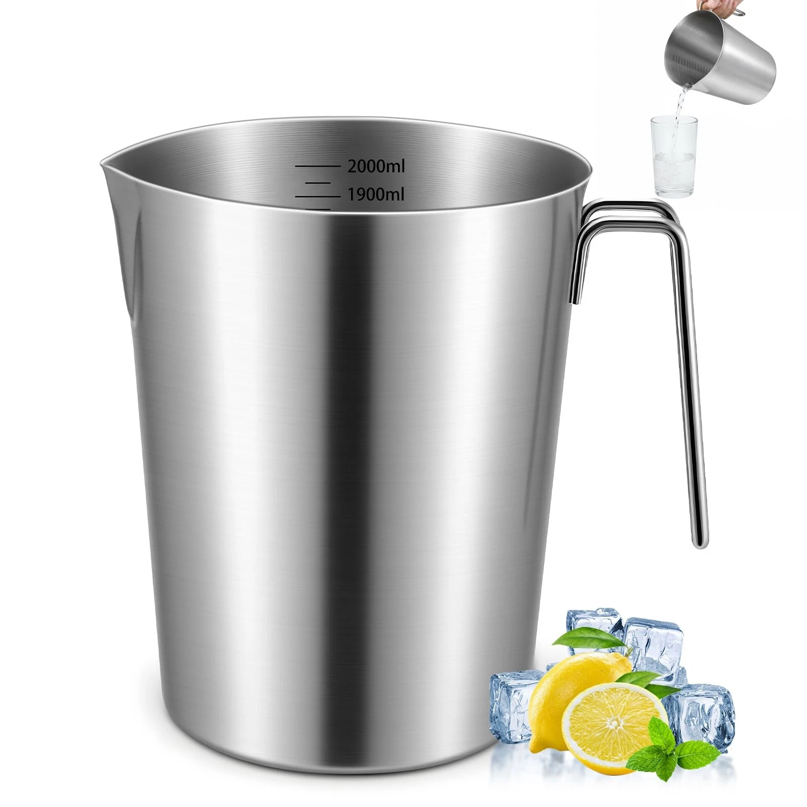 2L 18/8 Stainless Steel Measuring Cup with Handle and Pour Lip, 304 stainless...