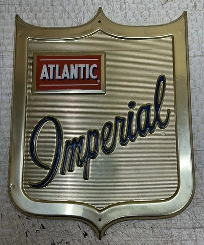 Original Vintage ATLANTIC IMPERIAL Embossed Metal Shield GAS PUMP PLATE Sign OLD