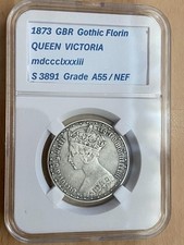 Queen Victoria 1873, mdccclxxxiii Gothic Florin, guided NEF, nice coin