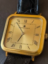 Universal Genève Hand-Wound Gold Dial Black Strap Swiss Watch Used