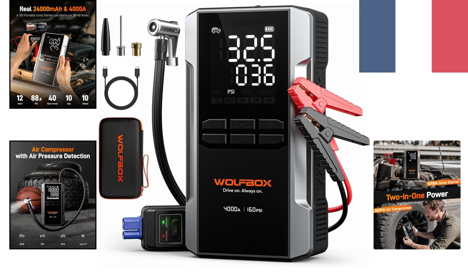 Booster de batterie 3000A WOLFBOX et gonﬂeur numérique 12V