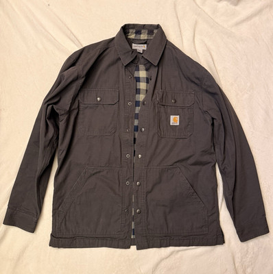 Carhartt Gray Lined Snap Front Work Jacket Logo Pockets Mens M Flannel Lined