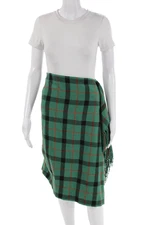 JW Anderson Uniqlo Womens Plaid Fringe Trim Pencil Skirt Green Black Wool Size 2