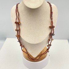 Vintage 90s Double Strand Brown Glass Seed Bead Stone Necklace Earthy Jewelry