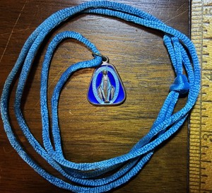 Blue Enamel Triangle Mary Medal w Cord