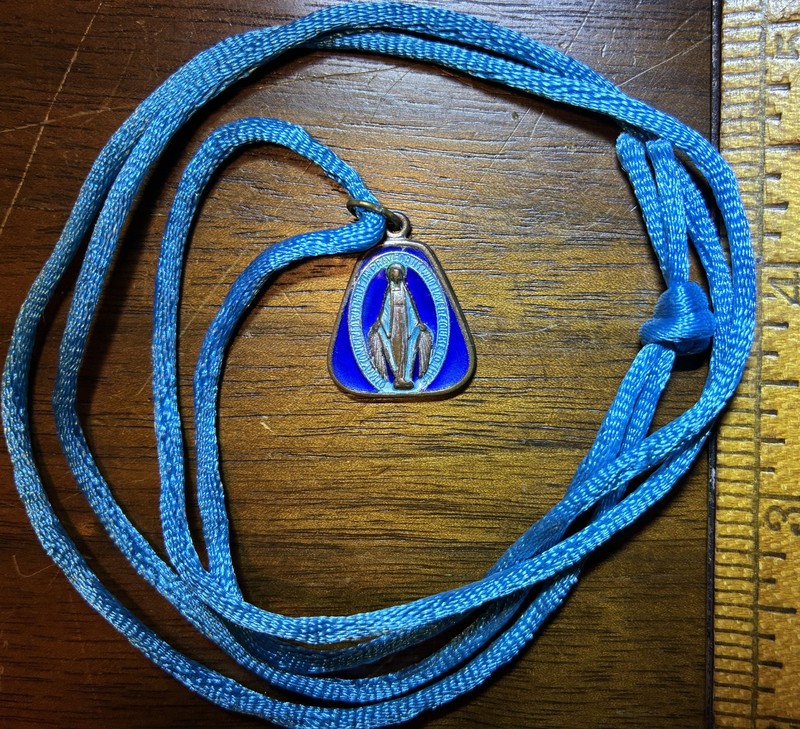 Blue Enamel Triangle Mary Medal w Cord