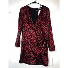 Divided H M Women Black Red Leopard Print Long Sleeve Ruched V Neck Mini Dress 6
