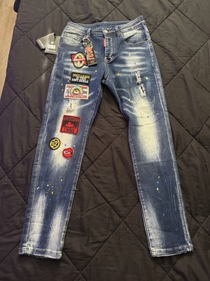 Dsquared2 Men's Skinny Slim Blue Medium Wash Distressed Cotton Denim Jeans