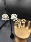Vtg Goldtone White Milk Glass Brooch And Beaded  Earrrings With Floral Dangles