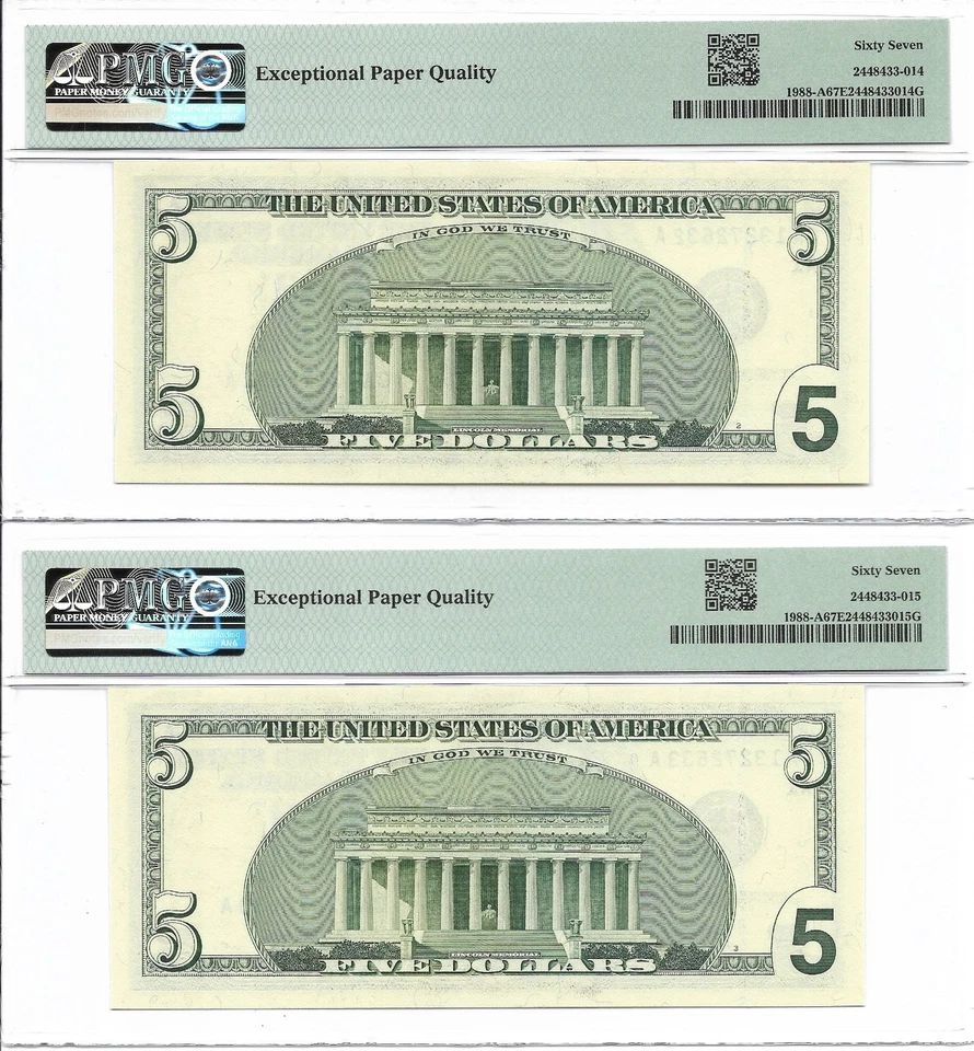 2001 $5 BOSTON FRNs. 2 Consecutive PMG SUPERB GEM Uncirculated 67 EPQ Banknotes. - Image 2 of 2