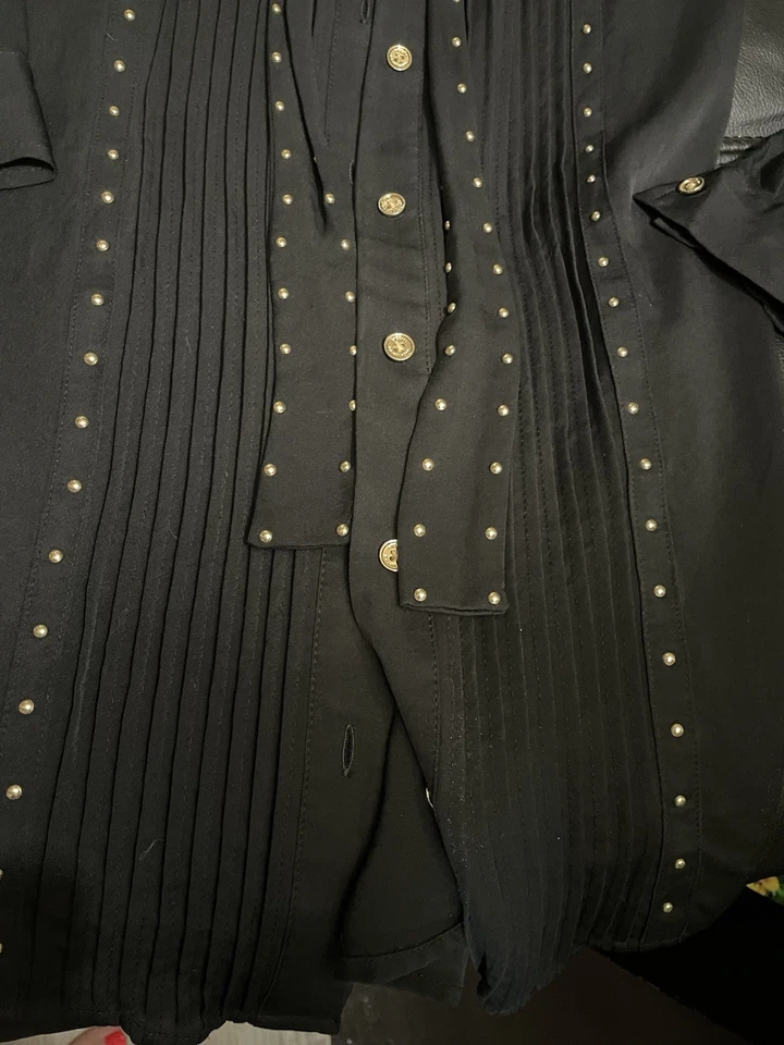 Vestido camisa smoking Michael Kors dourado cravejado preto manga comprida XS 100% seda $165 - Imagem 3 de 4