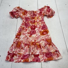 SheIn Dress Womens M Pink Floral Off Shoulder Puff Sleeve Smocked Short Ruffle